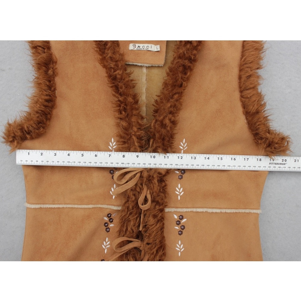 Bacci Womens Tan Faux Shearling Embroidered Vest Faux Fur Trim Boho Size L - Picture 4 of 10